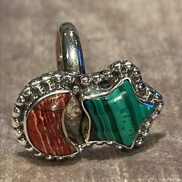 Moon & Star Ring Size 6 Sterling Silver Green South African Malachite & Jasper 6 - Picture 5 of 8